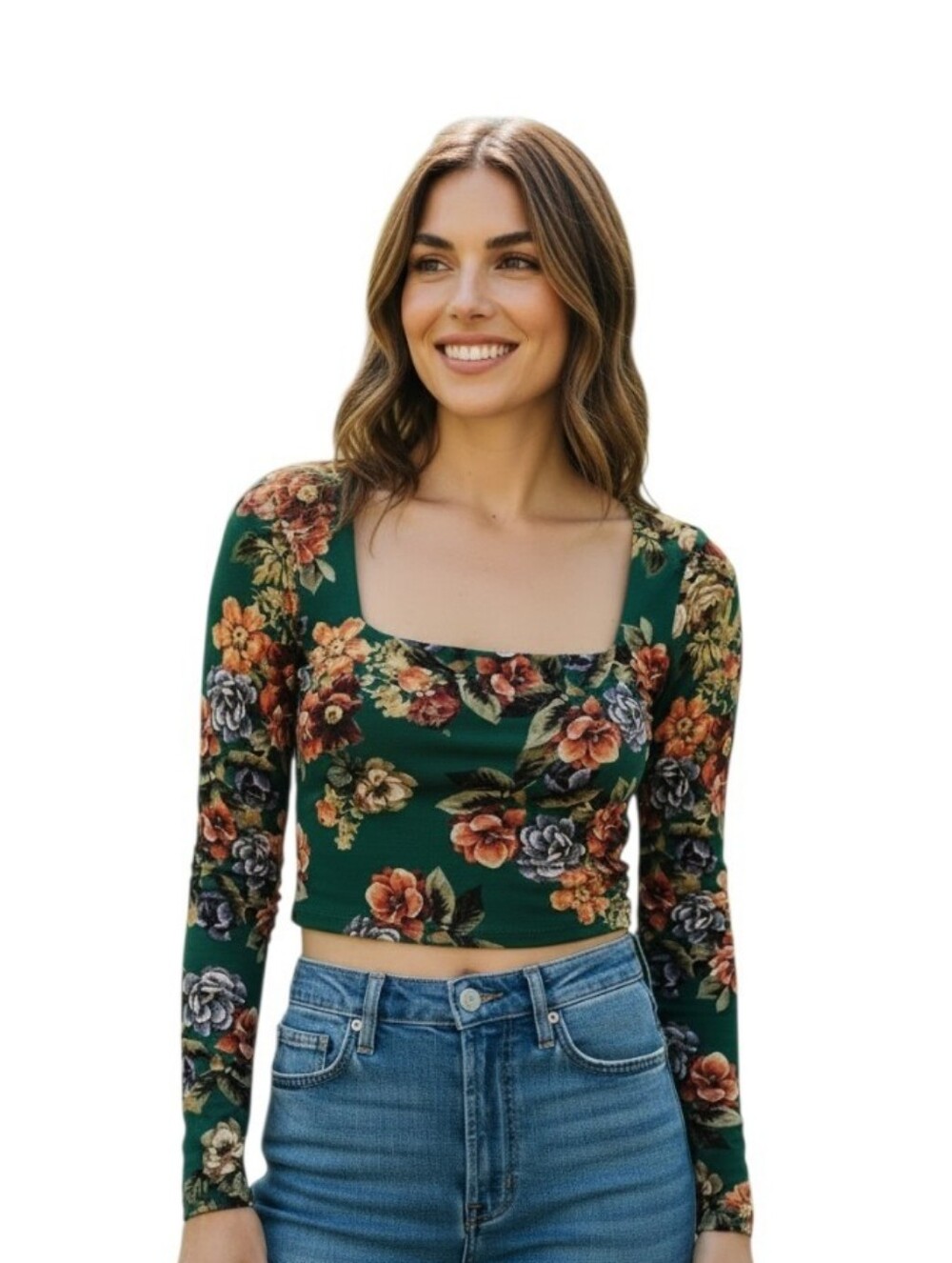 Alice + Olivia Delaina Square Neck Long Sleeve Stretchy Garden Goth Crop Top XS